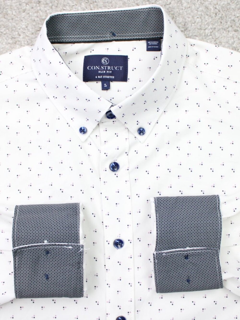 Construct AOP Shirt Mens Large White/Purple Geometric 4 Way Stretch Slim Fit L/S